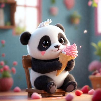 The primary subject of the image is a small stuffed panda bear sitting on a chair and eating a piece of pink and white cake. The setting is a room with a dining table and a potted plant nearby. The visual style is a digital art or illustration, with the panda bear and cake being the main focus of the image. The colors and mood are bright and cheerful, with the pink and white cake adding a touch of sweetness to the scene.
